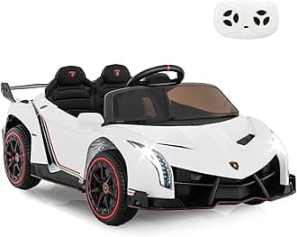 GYMAX Kids Ride on Car, 12V Battery Powered Licensed Lamborghini Car with Remote Control, Music, 3 Speeds, AUX/USB & Safety Belt, Children Electric Vehicle for 3-8 Years Old (White)