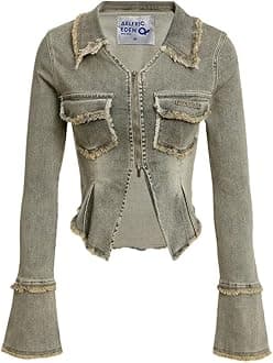 Aelfric Eden Womens Denim Jacket Fringe Two-Way Zipper Fashion Vintage Washed Long Sleeve Jean Coat