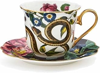 Spode x Creatures of Curiosity Tea Cup and Saucer Set - Fine China with 22-Carat Gold Detailing, Fluted Black Snake with Floral Design, Comes with Gift Box