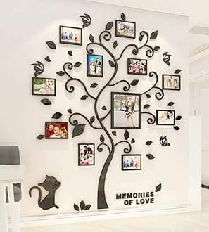 3D Tree Wall Stickers - Family Tree Wall Decor Black Trunk Picture Frame DIY Photo Frame Decals Family Frames Living Room (Black, Small)
