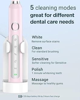 Rtauys M5 Sonic Electric Toothbrush for Adults and Kids - Rechargeable Electric Toothbrush Kids Ages 12+ and Adults with 8 Brush Heads & Travel Case, 120 Days Battery Life - Sakura Pink