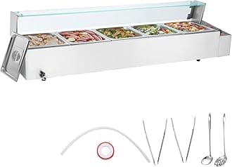 5-Pan Commercial Food Warmer, 5 x 12QT Electric Steam Table with Glass Cover, 1700W Countertop Stainless Steel Buffet Bain Marie 86-185°F Temp Control for Catering, Restaurants, Silver