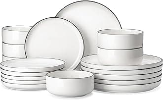 Plates and Bowls Sets, 18 Pieces Modern Porcelain Dinnerware Set for 6 White Kitchen Dinner Ware Set wtih Black Rim Ceramic Dishware Dishes Microwave and Dishwasher Safe, Series LUNA