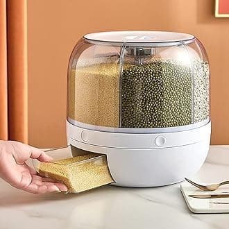 YAGVIZ Grain Dispenser, Rotating Rice Dispenser Storage Container, 6-Compartment Dry Food Dispenser, Dried Fruit Food Storage Box, Food Storage Containers For Kitchen Small Grains, Beans, Rice, White