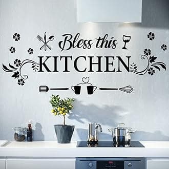 Kitchen Quotes Wall Decor Sticker - Bless This Kitchen Decals With Flower Art - Removable DIY Vinyl Stickers for Dining, Baking Room, Bar, Restaurant, Home Decor