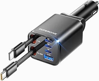 Retractable Car Charger, SUPERONE 99W Car Phone Charger with Cables Fast Charging, USB C Car Charger Adapter for iPhone 17 16 15 14 13 12, Samsung, Black