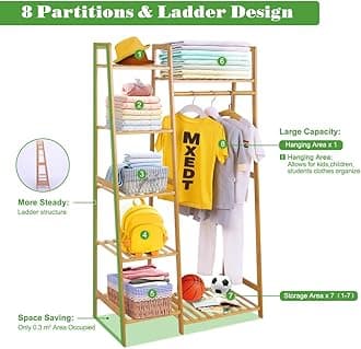 Wood Clothes Rack Garment Racks for Hanging Bamboo Clothing Rack with Shelves Corner Narrow Hanging Clothes Racks for Kids Clothes Organizer Small Space,Free Standing (Ladder Design)