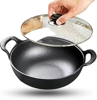HomeEssentials Cast Iron Kadai with Lid/Pre Seasoned Iron Kadai with 2 Handles and Flat Base/Iron Kadhai for Cooking/Uncoated Wok for Electric Induction (with Glass Lid 27cm), Black