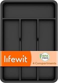 Lifewit Cutlery Drawer Organiser, Plastic Cutlery Tray for Kitchen, Utensil Flatware Silverware Holder Divider for Spoons Forks Knives Tableware, 4 Compartments, 20 x 32cm, Black