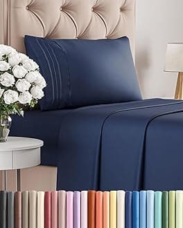 Twin Size 3 Piece Sheet Set - Comfy Breathable & Cooling Bed Sheets Set - Hotel Luxury Bedding for Women, Men, Kids, Teens, Boys & Girls - Deep Pockets, Ultra-Soft, Wrinkle Free - Oeko-Tex - Navy Blue
