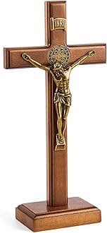 Leinuosen 10 Inch Wood Cross Crucifix Wall and Table Catholic Wooden Crosses Standing Cross Decor Jesus Christ Decoration for Home Baptism Communion Church (Golden,1 Pcs)