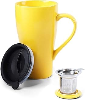 Tea Mug with Infuser and 2 Lids, 18oz Large Tea Infuser Cup, Tea Strainer Mug for Loose Leaf, Ceramic Travel Mug with Teabag Holder (Yellow)