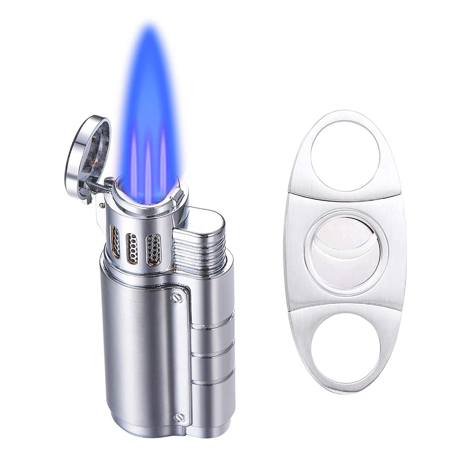 Torch Lighter, Butane Refillable Triple Jet Flame Adjustable Windproof Lighter with Puncher, Cigar Cutter and Lighter Set, Gifts for Men- Butane Gas Not Included