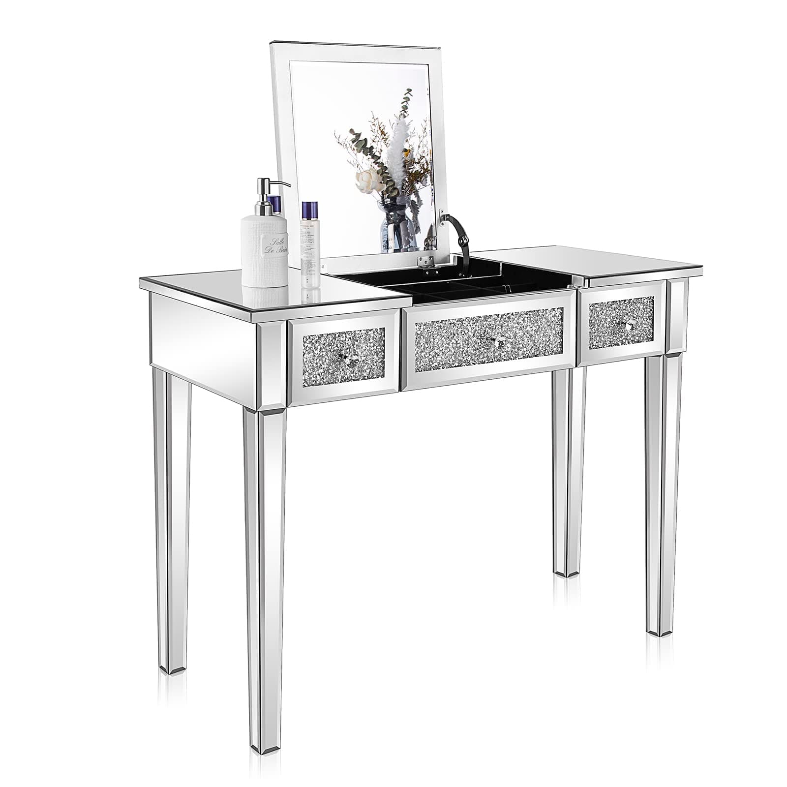 VINGLI Mirrored Vanity Table, Silver Vanity Desk with Flip-Up Mirror, 3 Drawers, Glass Crushed Diamond, Bling Mirror Vanity Desk for Women Girls Bedroom Entryway Home Office Writing Desk
