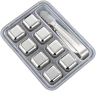 - 8-Pack Stainless Steel Whiskey Stones with Tongs & Container - Reusable Ice Cubes for Chilling Red Wine, Whiskey, Cocktails & More - Food-Grade Safe