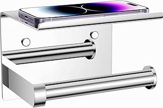 Toilet Paper Holder with Phone Shelf, Adhesive or Screw Wall Mount Toilet Tissue Roll Holder, Rustproof & Multifunctional Stainless Steel Bathroom Storage Dispenser (Polished Chrome)