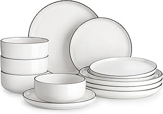 Plates and Bowls Sets, 12 Pieces Modern Porcelain Dinnerware Set for 4 White Kitchen Dinner Dining Ware Set wtih Black Rim Ceramic Dishware Dishes Microwave and Dishwasher Safe, Series LUNA