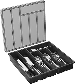 Lifewit Silverware Organizer with Lid, Covered Utensil Tray for Kitchen Drawer and Countertop, Plastic Cutlery and Flatware Storage Box for Spoons Forks Knives Holder Case, 12.6x11.8", Black