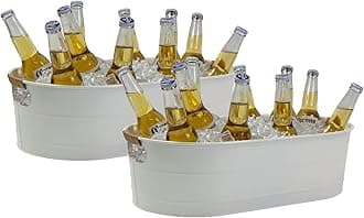 Ice Bucket Galvanized Tub, 2 Pcs 5 Gallon Oval Beverage Tub, Drink Cooler Ice Buckets for Parties, Metal Bucket with Rattan Handle for Beer Whiskey Wine and Cocktails (White)