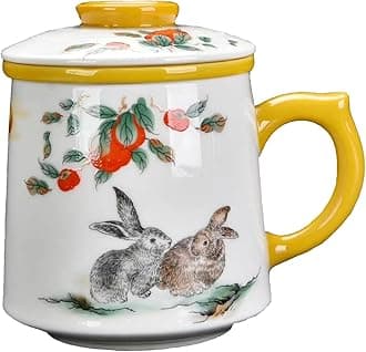 1set Ceramic Tea Cup 3 in 1 Porcelain Tea Mug with Infuser/Lid/Handle Large Bone Mug 0.11gal/415ml Rabbit Pattern Tea Cup Gift Sets for Women Personal Coffee Mugs Office/Home-TC350
