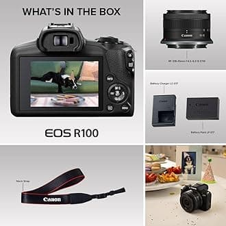 Canon EOS R100 - Compact Mirrorless Digital Camera - 24.1 MP, 4K Resolution - Dual Pixel CMOS AF, DIGIC 8 Processor - 6.5 FPS Continuous Shooting - Face & Eye Detection, Bluetooth, Wi-Fi, GPS