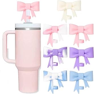 Bow Straw Covers Cap Toppers Compatible with Stanley Tumbler Cups, Cute Pink 10mm Reusable Silicone Straws Topper for 40oz Tumbler with Handle, Stanleys Cup Accessories, 7Pcs