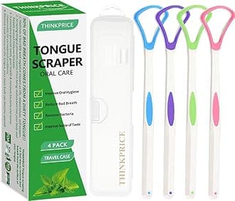 Tongue Scraper Cleaner 100% BPA Free Tongue Scrapers with Travel Handy Case for Adults, Kids, Healthy Oral Care, Easy to Use, Help Fight Bad Breath (4 PACK)