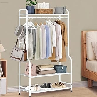 Coat Rack Stand with Shoe Rack White Clothes Rail Shoe Rack Free Standing Coat Stand with 2-Tier Shoe Storage Bench Metal Coat Stands for Hallway Bedroom Entryway, 75 * 40 * 168cm (White)