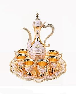 Vintage Turkish Tea Set with Tray and 6 Cups Exquisite Wine Pot Set Decorative Retro Tea Service Set for Home Party Decor (Golden White)