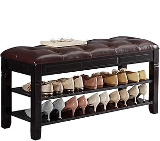 Shoe Storage Bench, Entryway Shoe Rack with Fiberleather Seat 2-Tier Lift Top Organizer Wooden Shoe Bench for Entryway Hallway Living Room (Black 39.4x13.8x18.9'')