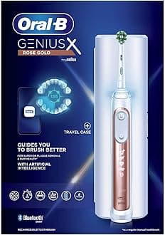 Oral-B Genius X Electric Toothbrush with Artificial Intelligence, App Connected Handle, 1 Toothbrush Head & Travel Case, 6 Mode Display with Teeth Whitening, 2 Pin UK Plug, Rose Gold