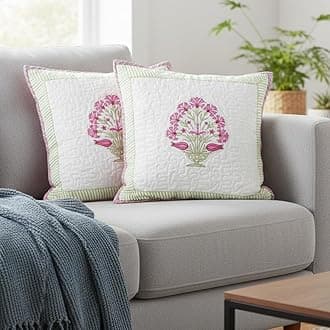 HOMEMONDE Set Of 2 Soft Cushion Cover 16 X 16 Inches - Floral Hand Block Print Premium Cotton Square Pillow Case Living Room Decoration, Pink, 300 TC