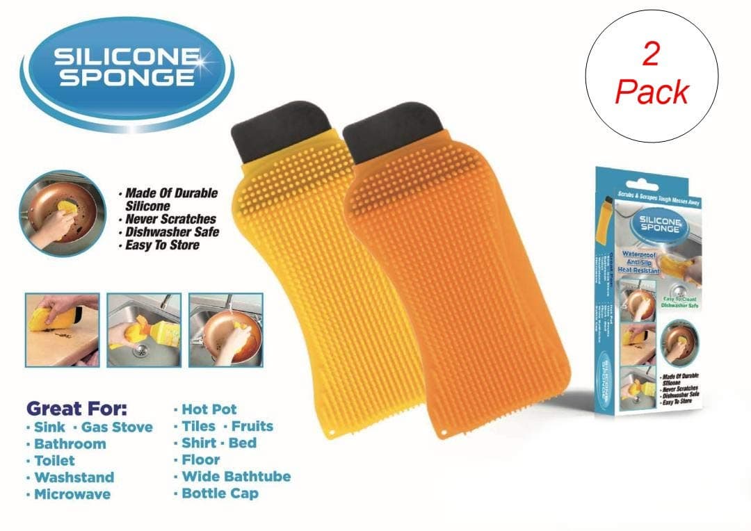 Dependable 2 Pack 3-in-1 Silicone Sponge Reusable Durable Long Lasting Scrubber Scraper (Multicolour)