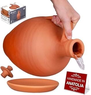 Anadolu Natural Clay Water Pitcher Set | Unglazed Terracotta Water Carafe & Plate | Traditional Small Mud Jug | Pottery Jar for Drinking Water (Large - 106 oz)