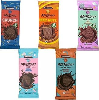 Feastables Mr Beast Chocolate Bars – NEW Deez Nuts Peanut Butter Crunch Chocolate, Milk Chocolate, Original Chocolate, Milk Chocolate, Sea Salt Chocolate Bars (5 Pack)