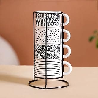 Stackable Ceramic Cups Set of 4 (100 ml) | Microwave & Dishwasher Safe Tea & Coffee Mugs with Glossy Finish | Ideal for Gifting (Printed White with Stand)