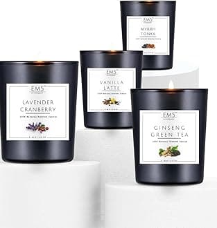 EM5™ Lavender Cranberry, Vanilla Latte, Myrrh Tonka, Ginseng Green Tea, Set of 4 Smoke Free Scented Candles for Home Décor, Aromatherapy Candles, Non- Toxic Aroma Candles, 60 gm Each