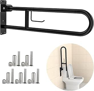 Toilet Grab Bar 30.3 Inch, YuanDe Flip Up Grab Bar with Paper Holder,Matte Black Anti-Slip Safety Bars for Toilet, Stainless Steel Knurled Toilet Handles for Seniors Disabled Elderly Pregnant
