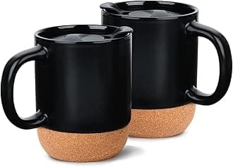 Coffee Mugs Set of 2, 400ml Ceramic Mug with Insulated Cork Bottom and Splash Proof Lid, Large Coffee Mug with Handle, Valentines Day Gifts for Men, Women
