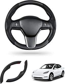 Steering Wheel Cover for 2016-2026 Telsa Model 3/Y Highland/Juniper Accessories Steering Wheel Cover Protector Anti-Slip, Comfortable Grip, Breathable, Model 3/Y Accessories, Black Leather
