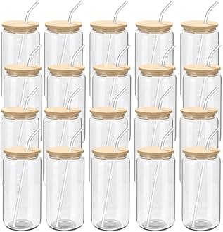 20 Pack Glass Cups with Bamboo Lids and Glass Straw 16oz Beer Can Shaped Drinking Glasses Cups, Glass Tumbler Reusable Cute Cups for Whiskey, Iced Coffee, Tea, Soda, Cocktail, Gift, Clear