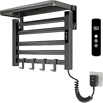 Xrrxy Wall Mounted Heated Towel Rack for Bathroom, IPX5 Waterproof Aluminum Electric Towel Warmer with Adjustable 1-9 Hour Timer, No Drill Installation, 95W Fast Heating for Shower Towels,Gray