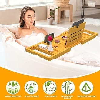 Banlilu Premium Bamboo Bath Tray – Expandable, Adjustable Bathtub Tray Caddy, Fits Most Bathtub Sizes
