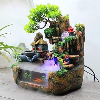 Desktop Fountain Waterfall with Light Rockery Fountain Meditation Plants Stones LED Lamp Indoor Feature with Automatic Pump Relaxation Resin Planter for Office Decoration
