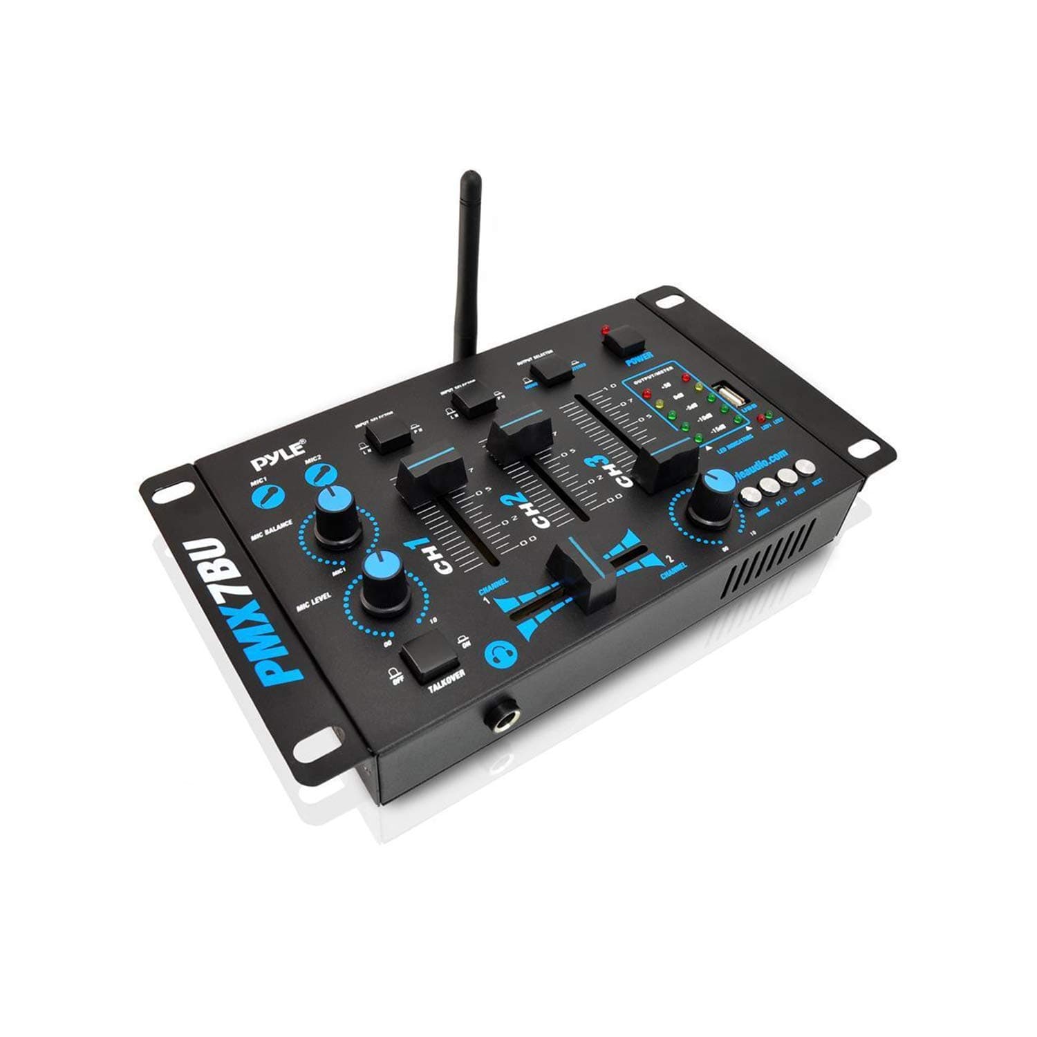 Wireless DJ Audio Mixer - 3 Channel Bluetooth Compatible DJ Controller Sound Mixer, Mic-Talkover, USB Reader, Dual RCA Phono/Line In, Microphone Input, Headphone Jack, Black - PMX7BU.5