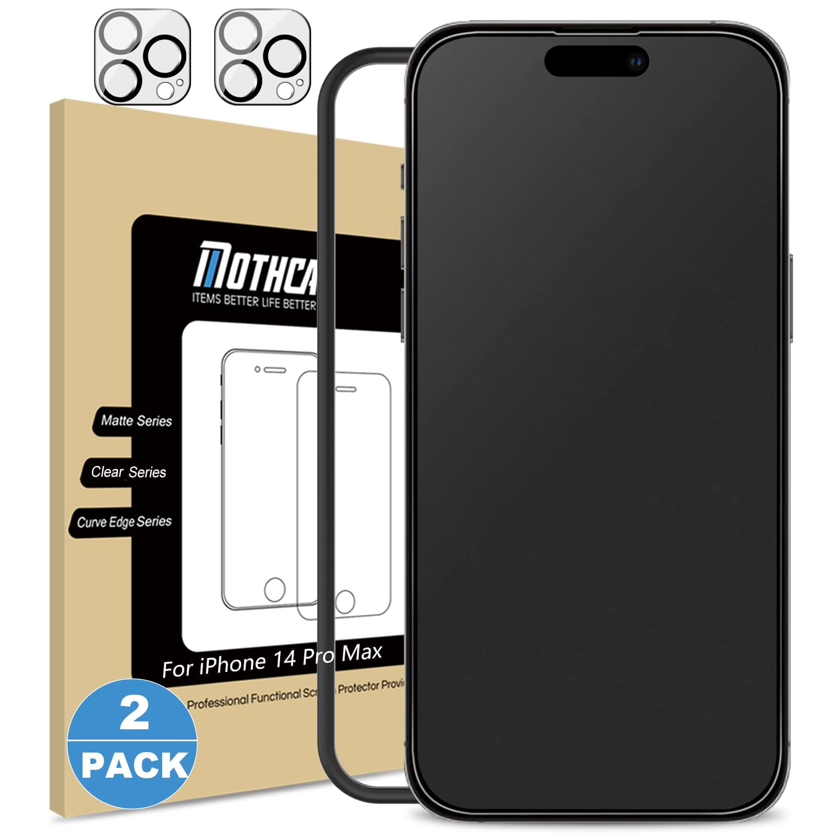 Mothca Matte Screen Protector for iPhone 14 Pro Max, 9H Tempered Glass Matte Anti-Glare & Anti-Fingerprint + 2x Camera Lens Protector (2 + 2 Pack)