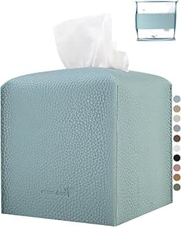 Tissue Box Cover 5X5X5'' PU Leather Tissue Holder Square Tissue Cube Box Organizer for Bathroom Vanity Countertop, Car, Night Stands, Office, Home, Kitchen (1Pack, Light Blue)