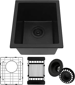 Black Bar Sink, 13" x 15" x 10" Undermount Kitchen Sink, 13 Inch Small and Deep Single Bowl Granite Composite Kitchen Sink with Accessories, 13 x 15 Matte Black Quartz Stone Bar Sinks