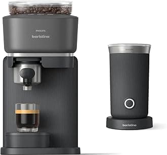Philips Baristina Espresso Machine+Milk Frother Bundle. Real espresso. Compact coffee machine, portafilter, grinder, Cafe Crema. Dairy & Non-Dairy Milk foam​. Hot & Cold. Easy Clean. Black (BAR303/60)