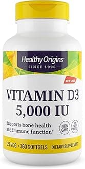Healthy Origins Vitamin D3 5,000 IU - Bone Health and Immune Support Supplement - Easily Absorbable Vitamin D Supplements - Gluten-Free Vitamin D3 Supplement - 360 Softgels